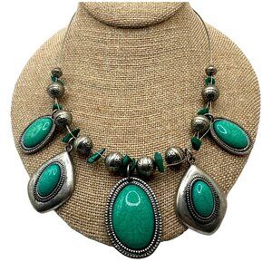 Boho Faux Green Turquoise Silver Metal Bead Necklace Handcrafted